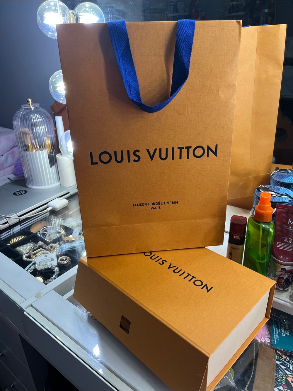 Louis Vuitton Orange Gift Bag with Blue Ribbon Handles and box